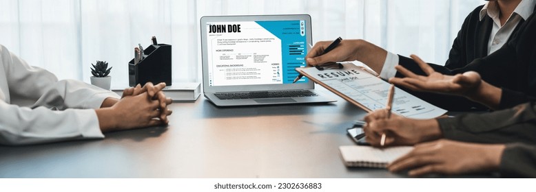 Candidate and interviewer discuss work experience and qualifications in job interview at corporate office. HR team evaluates job application on laptop while interviewee explaining her profile. Prodigy