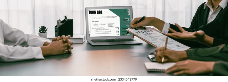 Candidate and interviewer discuss work experience and qualifications in job interview at corporate office. HR team evaluates job application on laptop while interviewee explaining her profile. Prodigy