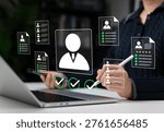 Candidate Screening and Resume Evaluation Concept. Woman using laptop with profile, resume icons representing applicant review, HR process, talent selection, hiring assessment, recruitment approval