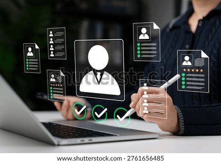 Candidate Screening and Resume Evaluation Concept. Woman using laptop with profile, resume icons representing applicant review, HR process, talent selection, hiring assessment, recruitment approval