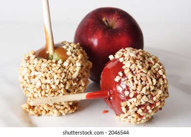 Candied, Carmel And Regular Apple On A White Plate And White Background.