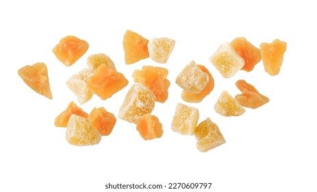 Candied melon and ginger pieces with sugar flying isolated on white background. Healthy dessert with fiber and vitamin. - Powered by Shutterstock