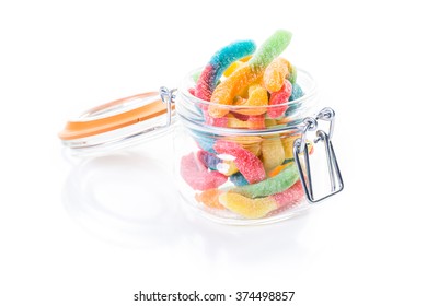 Candies In Candy Jar On A White Background.