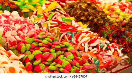 Candies (gummy Bears, Worms, Strawberries, Etc.) Colorful Candy Shop Setout, Carmel Market, Tel Aviv