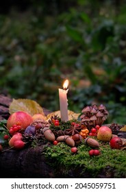 Candle, Autumn Leaves, Fruits, Berries, Nuts In Mysterious Forest. Wiccan Altar For Mabon Sabbat. Autumn Equinox Holiday. Witchcraft, Esoteric Spiritual Ritual