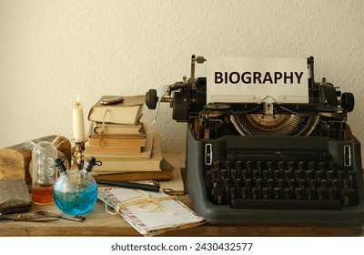 candle burning in candlestick, stack old books, letters, vintage typewriter with biography, blank, creative process and literary creation, atmosphere journalism and reportage, antiques and collecting