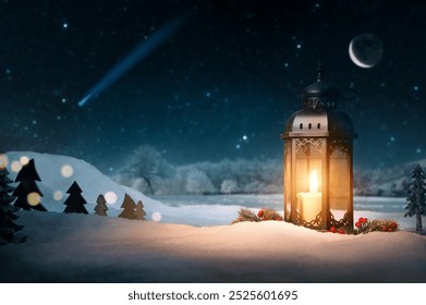 Candle burning in an ornamental elegant Christmas lantern, with nature background including snow, the night sky, the moon, stars and a comet - Powered by Shutterstock