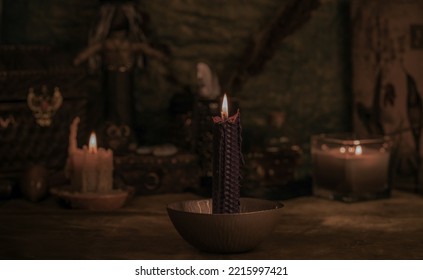 Candle Burns On The Altar, Candles Magic, Clean Aura And Negative Energy, Wicca Concept