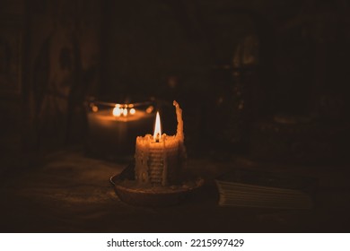 Candle Burns On The Altar, Candles Magic, Clean Aura And Negative Energy, Wicca Concept