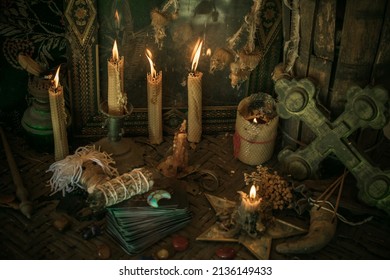 Candle Burns On The Altar, Powerful Magic Among Candles, Pagan Or Wicca Concept