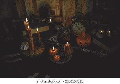 Candle Burns On The Altar, Powerful Magic Among Candles, Pagan Or Wicca Concept	