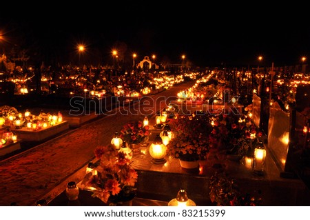 Candle flames illuminating a Polish cemetery during All Saint's Day