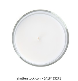 Candle In Glass Holder On White Background, Top View