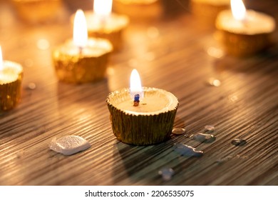 Candle With Glowing Flame On Diwali Night With Selective Focus Isolated On Wooden Table With Candlelight Background, Deepavali Or Happy Diwali Festival Celebration Conceptual, Happy Diwali Wallpaper