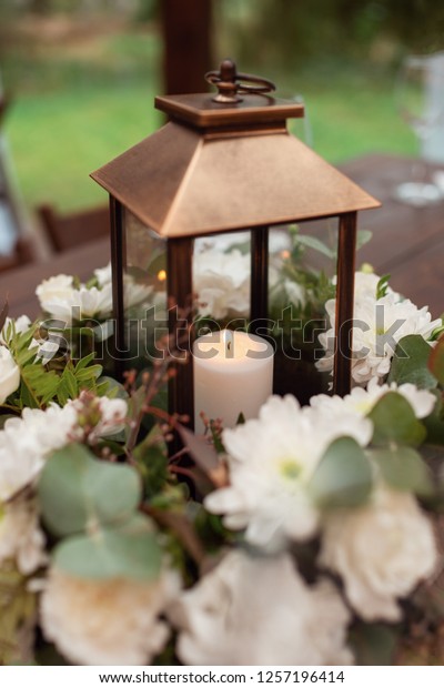 Candle Lantern Beautiful Flower Decorations Candles Stock Photo