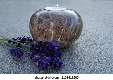 Candle With Lavender. Card Of Deepest Sympathy, Hope, All Saints' Day...