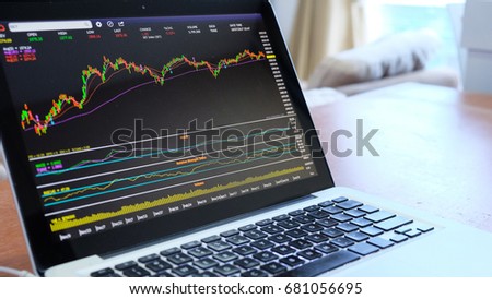 Candle stick chart of stock market on laptop display