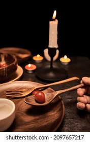  Candlelight Dinner Tableware Arrangement, Warm Wood Grain                              