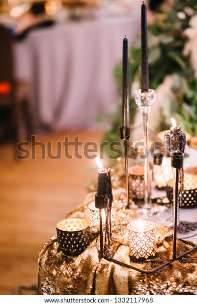 Candles Black Candlesticks Sitting On Gold Backgrounds Textures