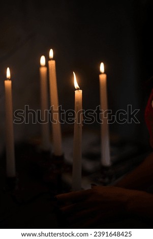 candles in church. Flame of candles. Close up of lighted candles