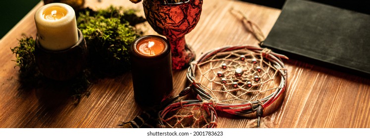 Candles And Dream Catcher On The Table. Magic Table. Strange Things For Rituals.