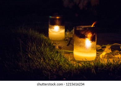 Candles In A Glass Bottles Lit Up To Celebrate All Soul's Day Among Catholics