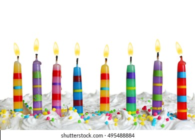 Candles On Birthday Cake, Isolated On White