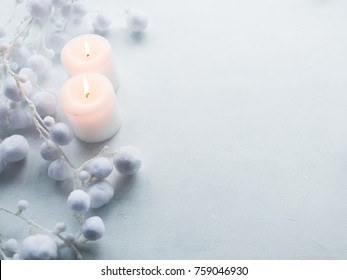 Candles On White Background. Winter Decor. Coziness Spa Concept