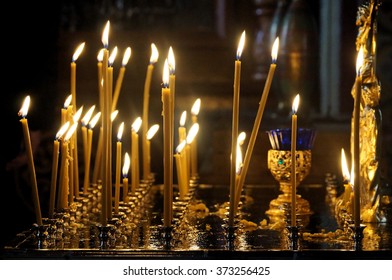 Candles In A Stand In Russian Orthodox Cathedral.