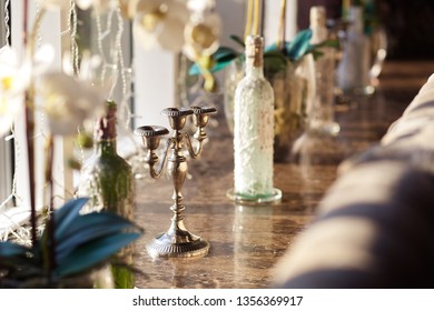 Candlestick On A Marble Window Sill, Beautiful Sunlight