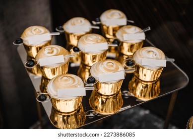 Candy bar for banquet. Plate with sweets, and candies. Delicious wedding reception. Celebration birthday concept. Trendy desserts.  Close up. Top view. Candy bar with desserts for celebrating baptism. - Powered by Shutterstock