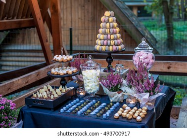 Candy bar with delicious sweets, chocolate candies, macaron tower and other treats in autumn park. Autumn decoration. Natural light