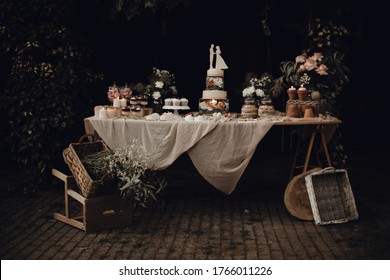 Candy Bar With Wedding Cake, Rustic Table 