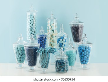 Candy In Bowls On Blue Background