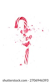 A candy cane is shattered into tiny pieces, scattering red and white fragments across a clean white background. This vibrant visual captures the essence of holiday spirit and fun.