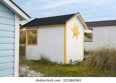 Candy Coloured Beach Huts In The Sand Dunes. Sweden, Skanör, 1 July 2022