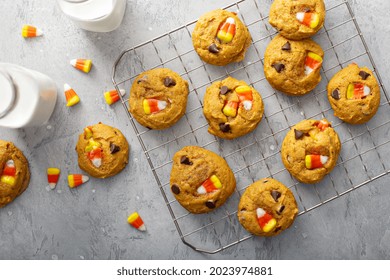 Candy Corn And Chocolate Chip Pumpkin Cookies, Halloween Treat