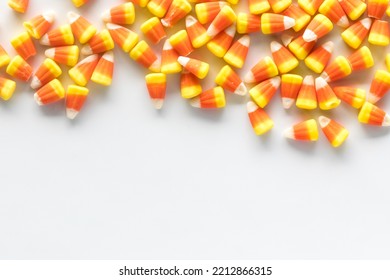 Candy Corn Forming A Border At The Top Of The Frame With Copy Space Below.