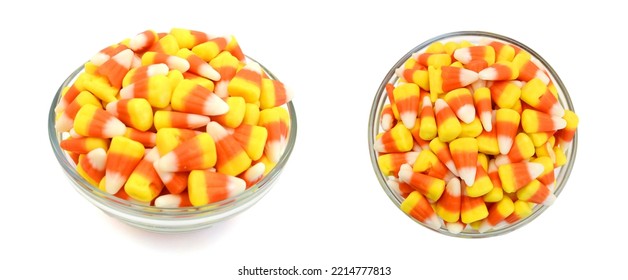 Candy Corn In Glass Bowl On White Background 