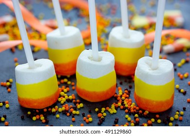 Candy Corn Marshmallow Pops - Treat On Halloween Party Or Thanksgiving Day