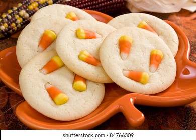 Candy Corn Sugar Cookies - Sugar Cookies Topped With Festive Fall Candy Corn For Halloween Or Thanksgiving.