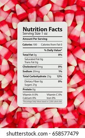 Candy Corn Is A Unhealthy Snack, Candy Corn With Text Of A Nutrition Label On A Card