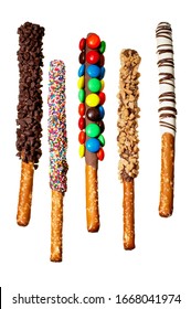 Candy Decorated Chocolate Covered Pretzel Rods On White Background