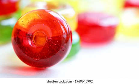 Candy. Fruit Hard Candy, Different Colors, Red, Yellow, Green. Sweets Isolated On Table, On White Background. Macro, Close Up. 