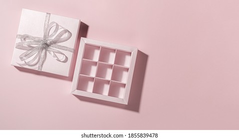 Candy Gift Box Empty Pink Background. Template Advertising Chocolate Sweets