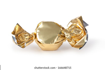 Candy In Golden Wrapper Isolated On White