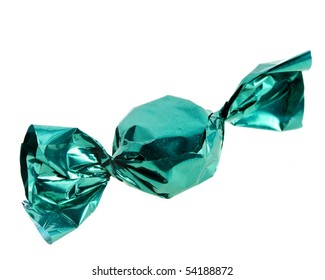 Candy In Green  Wrapper Isolated On White Background