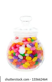 A Candy Jar Full Of Jelly Beans.  Shot On White Background.