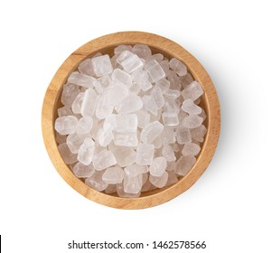 Candy Rock Sugar In Wood Bowl Isolated On White Background. Top View