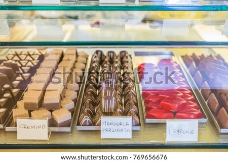 candy  shop. view of shop window with different candies 